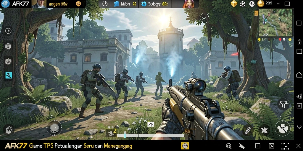 Screenshot gameplay AFK77 menunjukkan aksi seru dalam pertempuran TPS.
