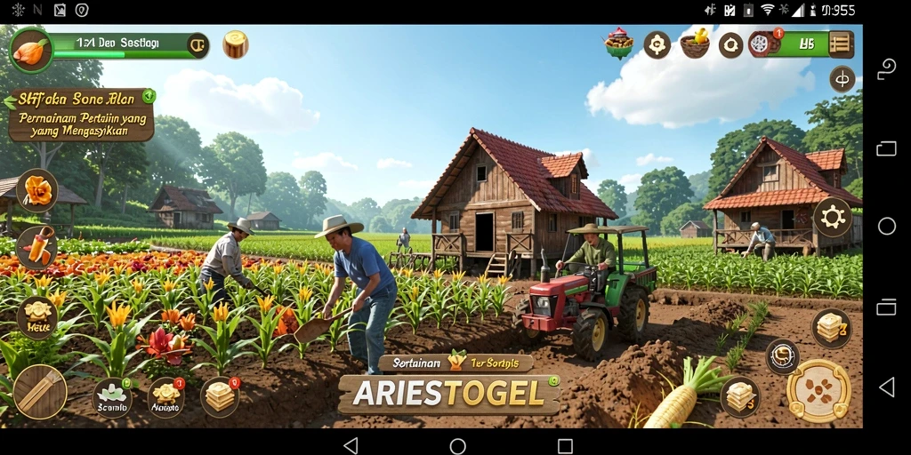 Tampilan gameplay ARIESTOGEL dengan aktivitas pertanian yang seru.