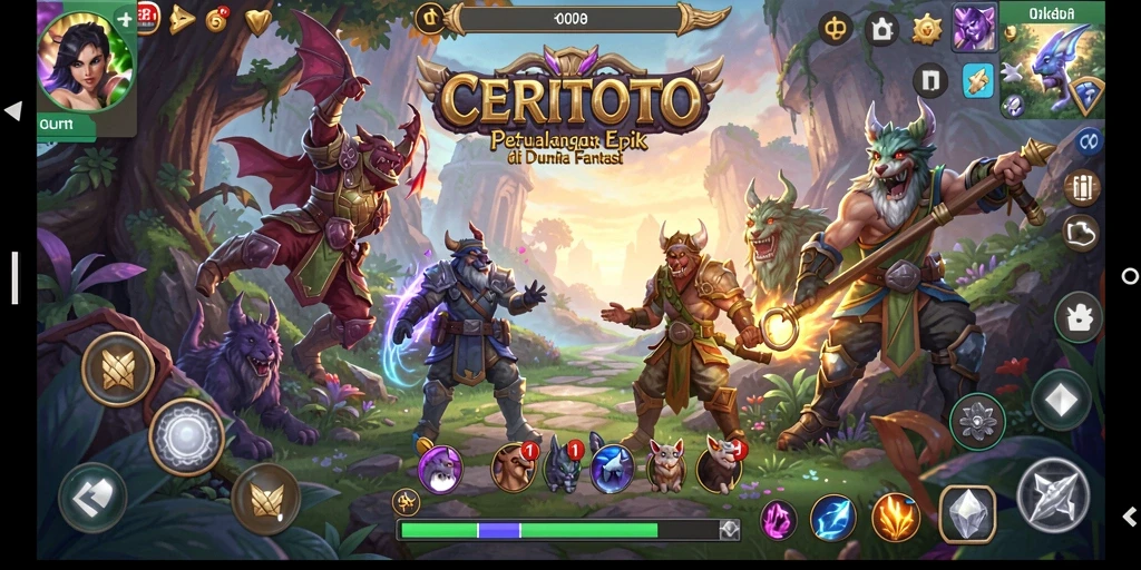 Screenshot gameplay CERITOTO menampilkan pertempuran seru di dunia fantasi.