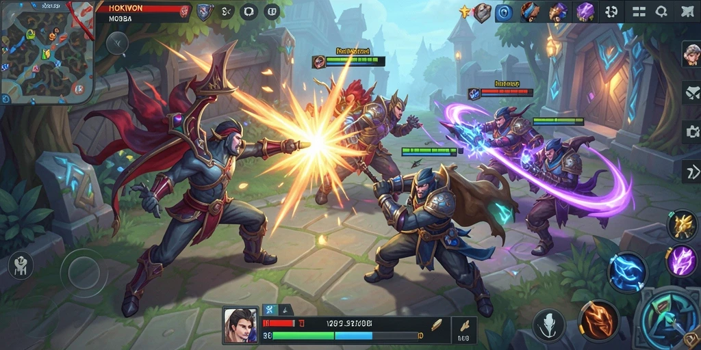 Tampilan gameplay seru HOKIWON dalam pertarungan tim MOBA.