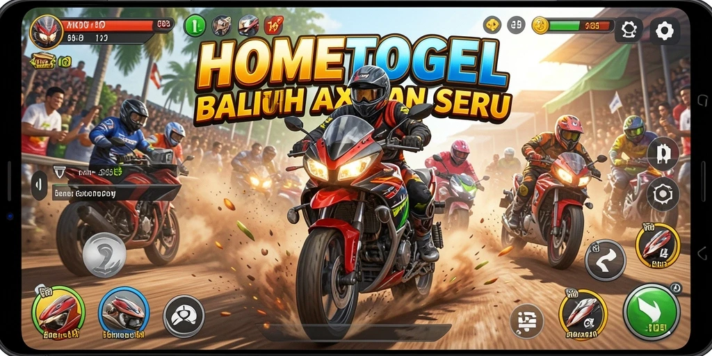 Tampilan gameplay seru dalam HOMETOGEL, balapan motor di lintasan yang menantang.