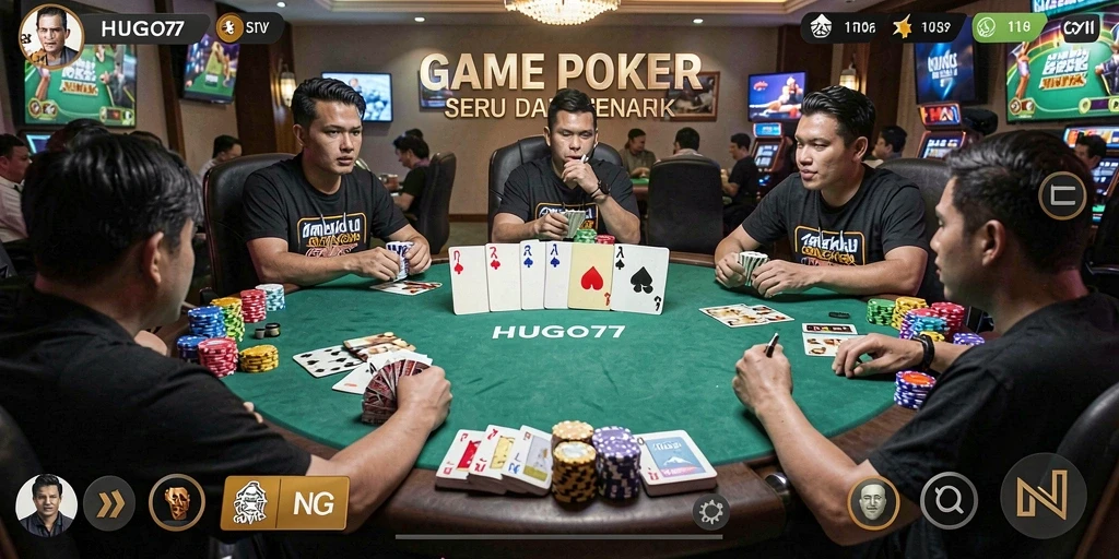 Tampilan gameplay menarik dalam HUGO77 dengan suasana poker yang otentik.