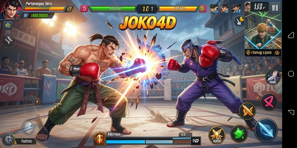 Tangkapan layar gameplay JOKO4D menunjukkan pertarungan intens antara karakter.