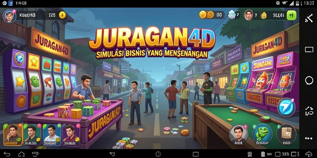 Tampilan gameplay menarik dari JURAGAN4D yang menggambarkan simulasi bisnis.