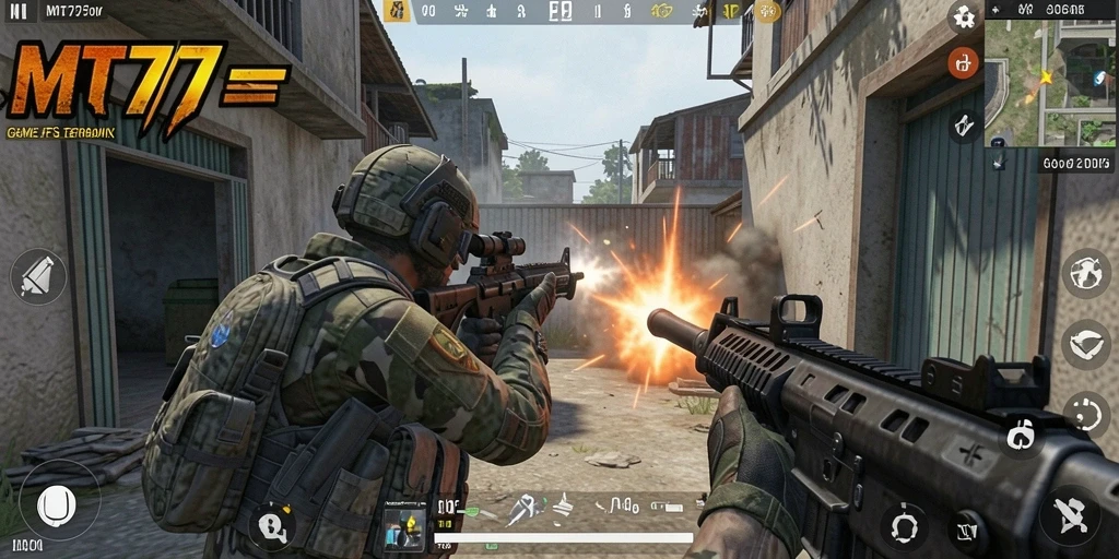 Tampilan gameplay mendebarkan dari MT777 dengan aksi tembak-menembak yang intens.