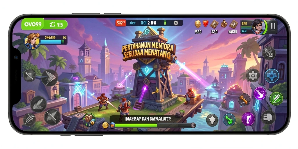 Screenshot OVO99 menampilkan aksi pertahanan menara yang mendebarkan.