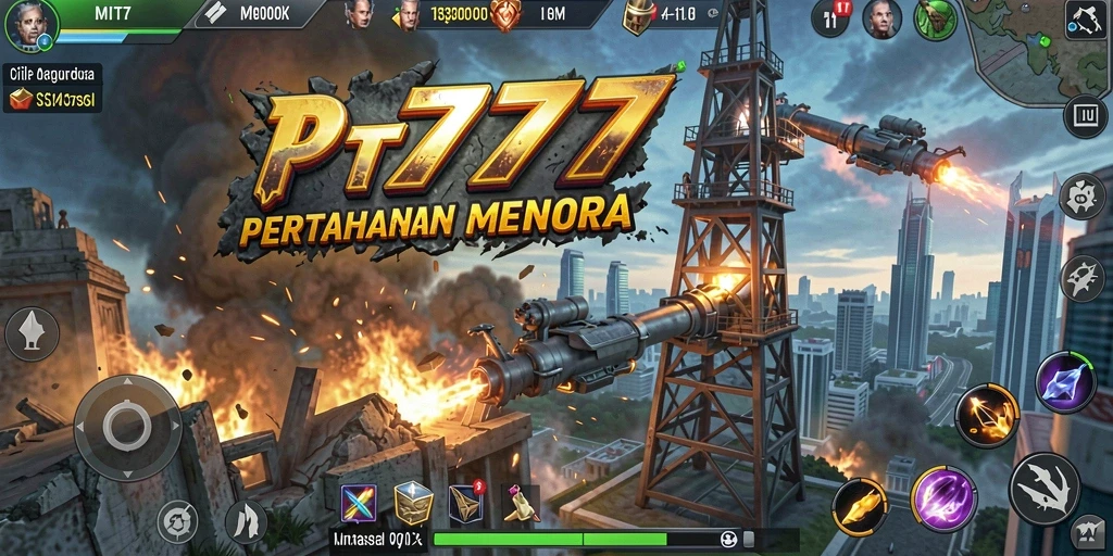 Screenshot PT777 menampilkan aksi pertahanan menara yang intens.