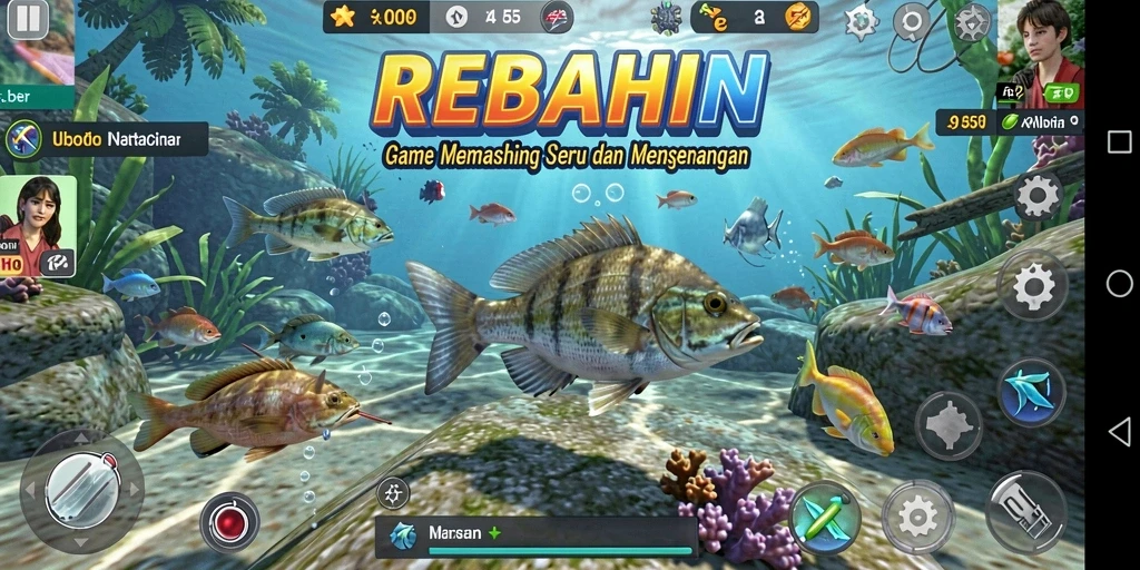 Tampilan gameplay <strong>REBAHIN</strong> saat memancing ikan di lokasi indah.