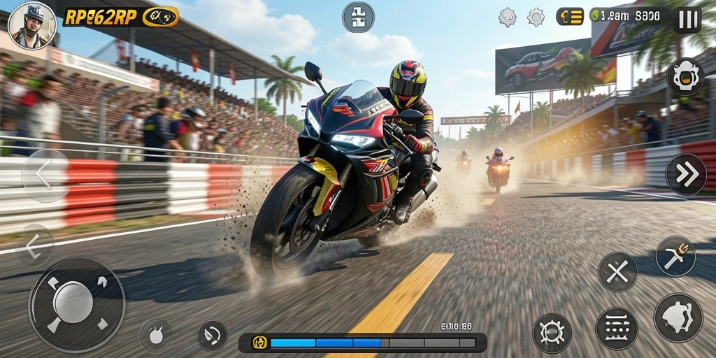 Tampilan gameplay RP62RP dengan balapan motor yang mendebarkan.