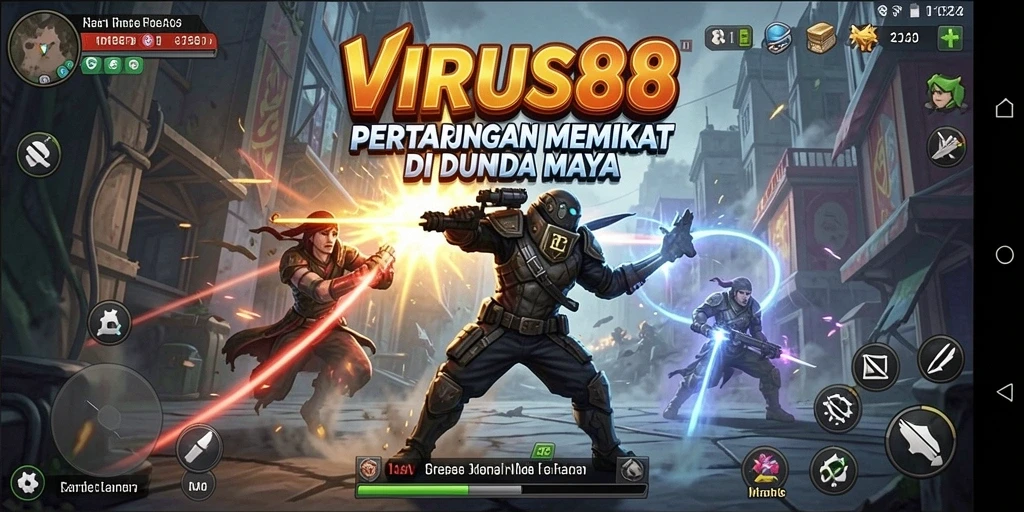 Screenshot pertarungan mendebarkan di VIRUS88 dengan karakter yang beraksi.
