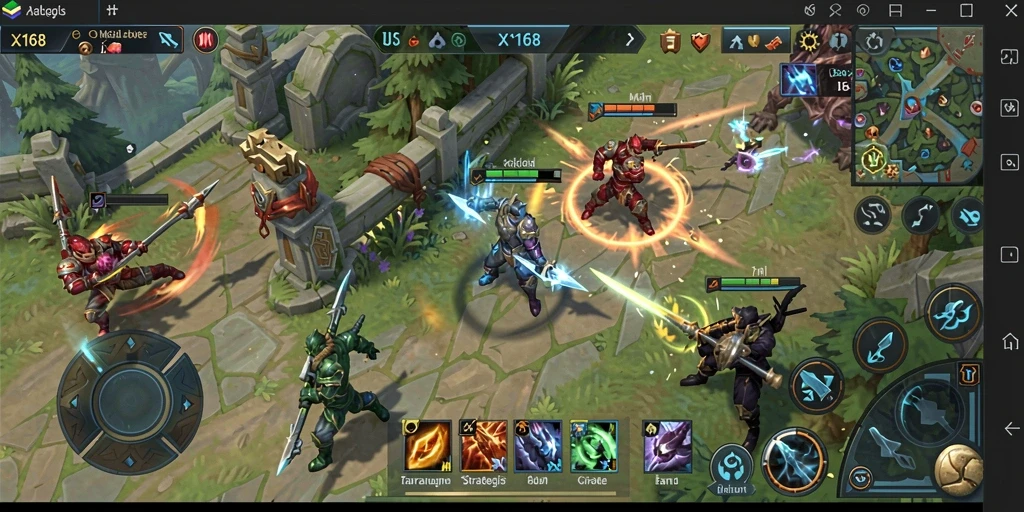 Tangkapan layar permainan X168 menampilkan aksi MOBA seru.